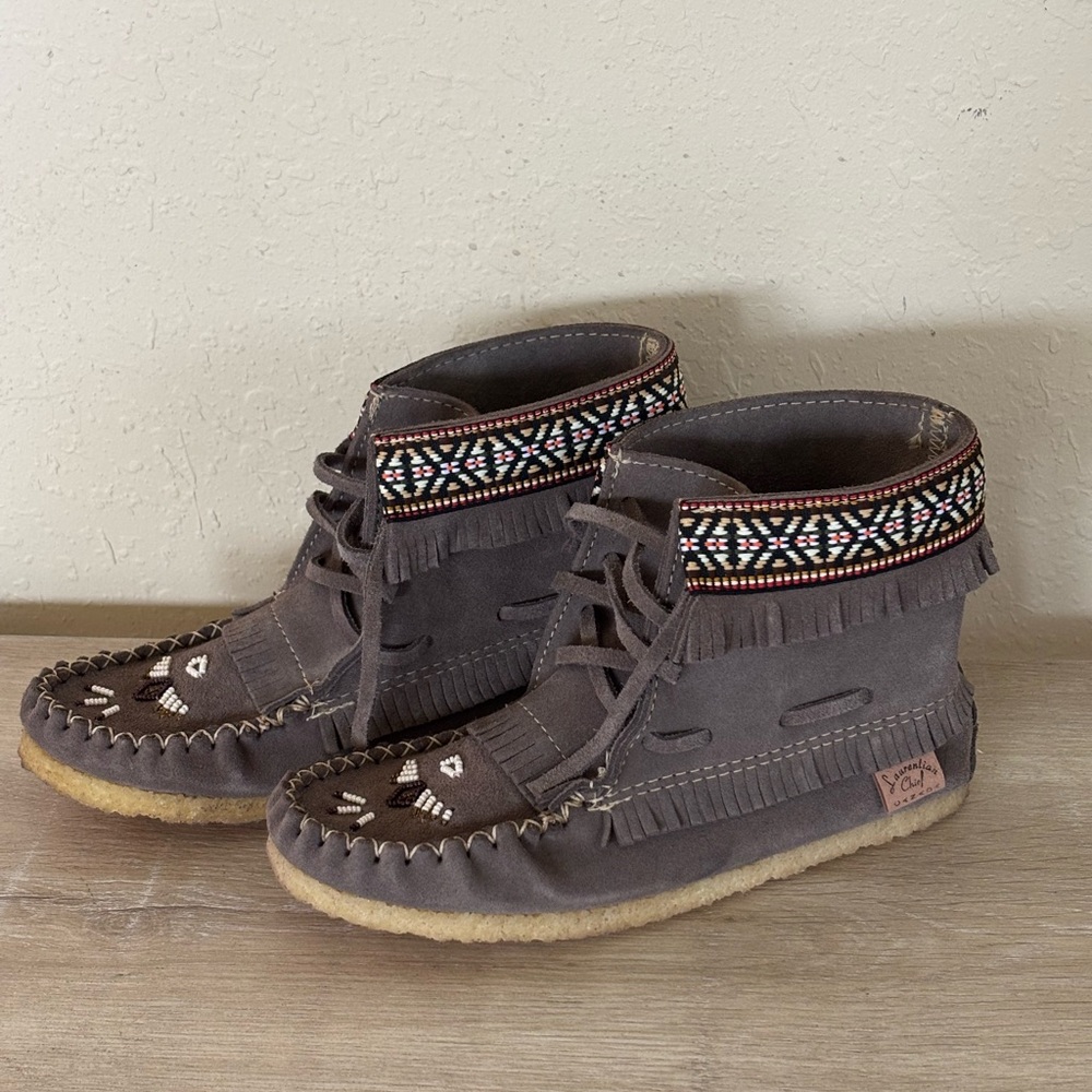Gray leather suede moccasin Boots with Patterned Trim